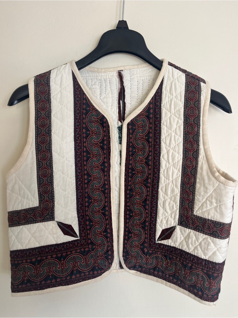 Ivory Quilted Vest with Burgundy Paisley Trim